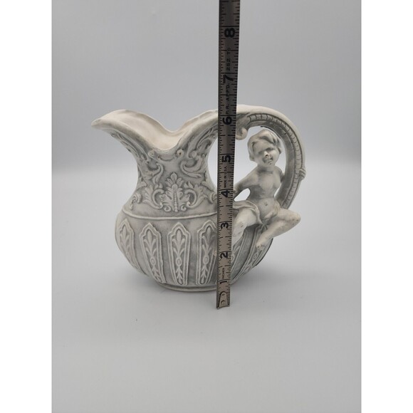 VTG Chase Japan Grey Pitcher Embossed Angel Cherub Planter Vase Victorian - Picture 6 of 12